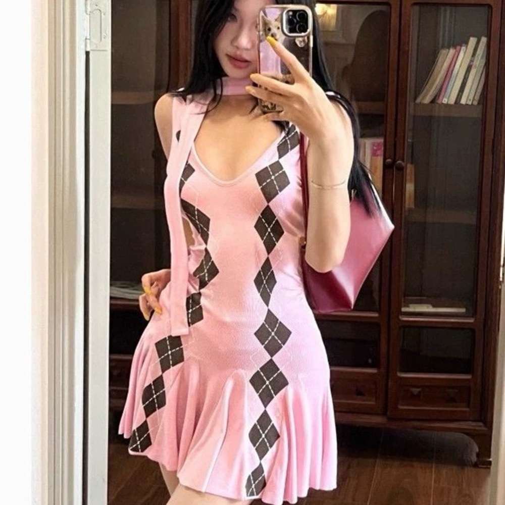 Pink Argyle Knit Fit-and-Flare Dress